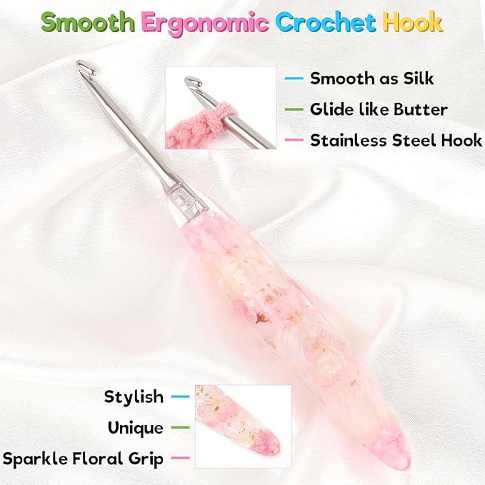 Katech 4.5mm Crochet Hook for Arthritic Hands, Hand-Polished Stainless Steel Ergonomic Crochet Hooks with Customized Sparkle Dried Floral Grip, Soft Tapered Hook-Crochet Gift for Beginner & Crocheter