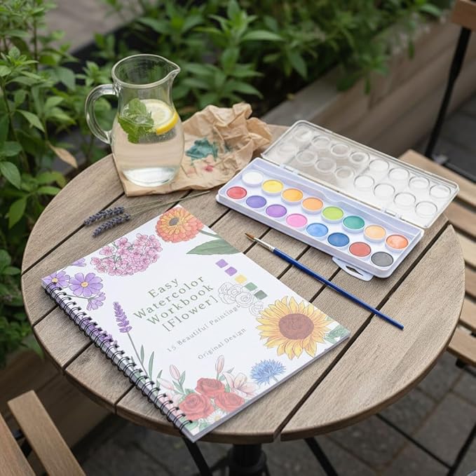 Watercolor Workbook,15 Flower Patterns of Original DIY Designs,16 Colors Watercolor Paint Set with Brush Palett,Beginner-Friendly Water Color Workbooks,Water Coloring Book for Adults