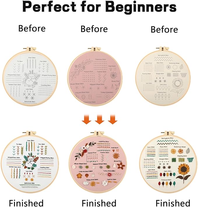 JOINRUN Beginner Embroidery Kit for Adults, 3 Pack Cross Stitch Kits with Pre-Printed Patterns, Threads, Needles, Learn Stitches with 7.8" Hoop, Video Tutorial, DIY Needlework Craft Gift for Women
