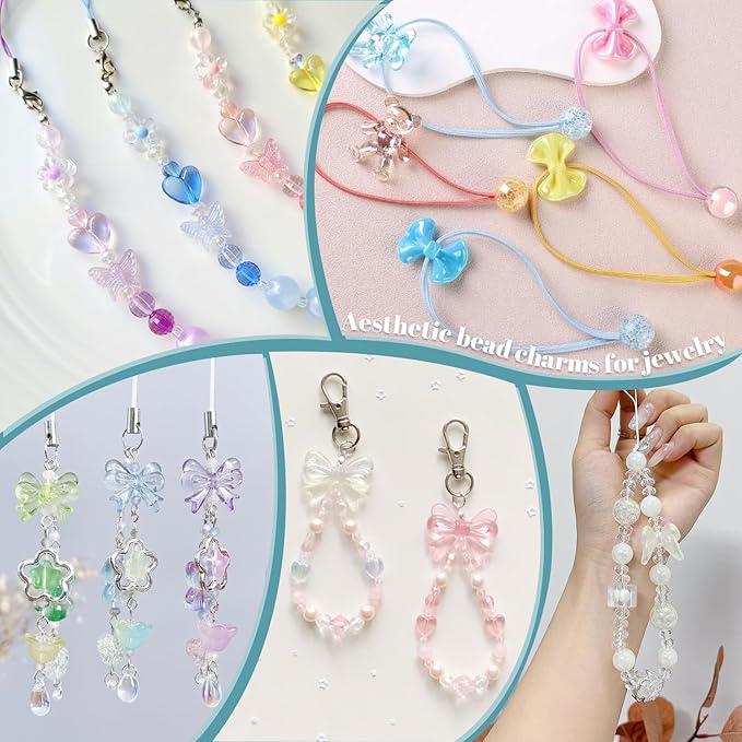 200-260pcs tinkrstuff assorted pink acrylic beads for bracelet making, cute beads for jewelry making,flower bow butterfly candy gummybear aesthetic bracelet charms diy necklace keychain phone charm