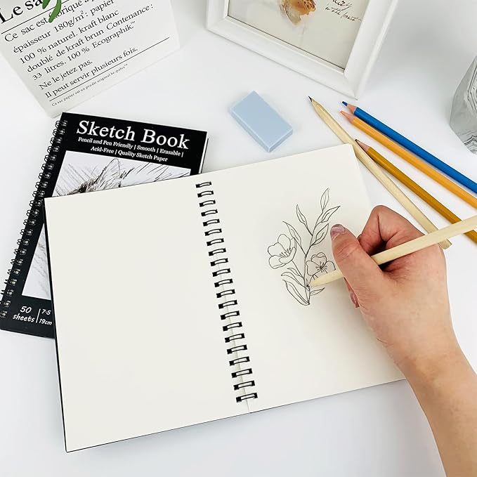 DSTELIN 2 Pack Spiral Bound Sketchbooks (100 GSM Sketch Paper), 50 Sheets per Pack, 7.5" x 5.1" Sketchbook with Black Hard Cover for Painting, Drawing and Sketching