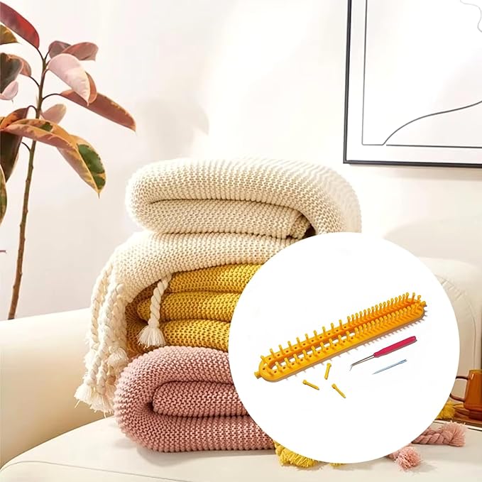 Dense Teeth Rectangle Knitting Looms，Plastic Weaving Looms Set，Weaving Loom，Scarf Hats Making Tools，DIY Crocheting Handmade Craft Kit with a Crochet Hook and Needle for Knitting Lovers，36 cm (Yellow)