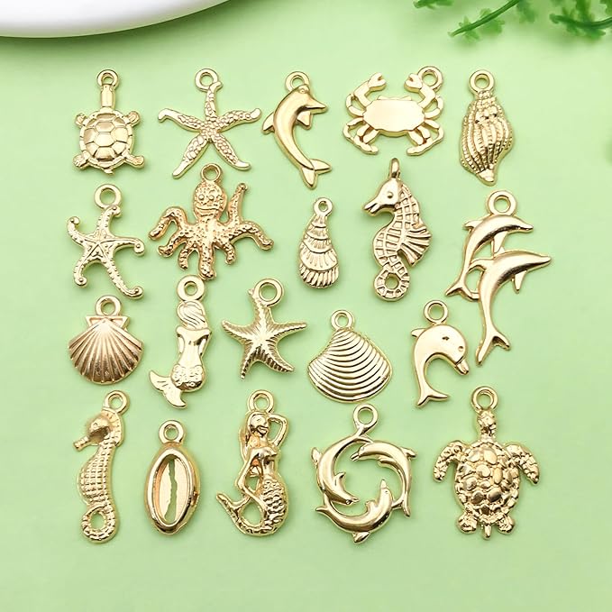 Sailanzi 100pcs KC Gold Underwater World Style Series Pendant Jewelry Making DIY Keychain Earrings Pendant Various Design Charms for Jewelry Making Bracelets Necklace(SN884)
