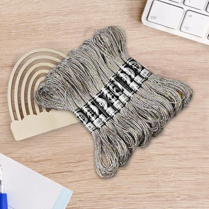 10 Skeins Grey Polyester Embroidery Floss Metallic Shimmer Crewel Cross Stitch Threads Silver Glitter Floss for Sewing Making String Art Tassels DIY Project Friendship Bracelets Home Decor
