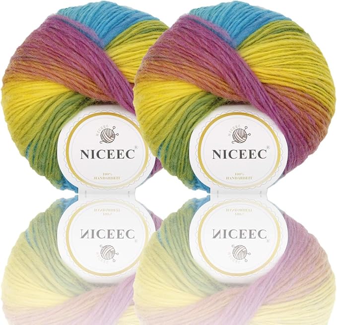 2 Skeins Rainbow Soft Yarn 100% Wool Gradient Multi Color Yarn for Crocheting Knit Total Length 180m×2(196yds×2,50g×2)-24