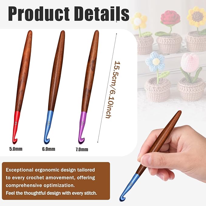 Giwrmu Crochet Hooks Set, Ergonomic Crochet Hooks 3 Pcs, Colored Aluminum Crochet Hook with Wooden Handle for Arthritic Hands Crocheted Bags, Blankets, Knitted Dolls -5.0mm/6.0mm/7.0mm