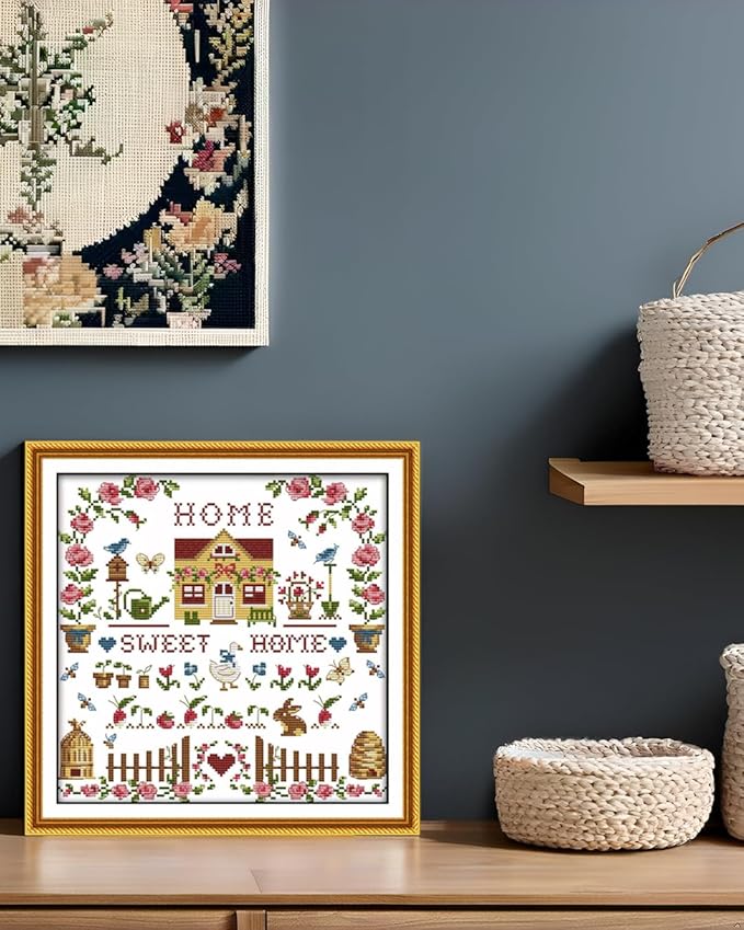 CaptainCrafts New Cross Stitch Kits Embroidery Kit Full Range Pre-Printed and Counted Fabrics Kits for Adults Beginners Home Decor (White Cloth Unpreprint 14CT, Sweet Home)