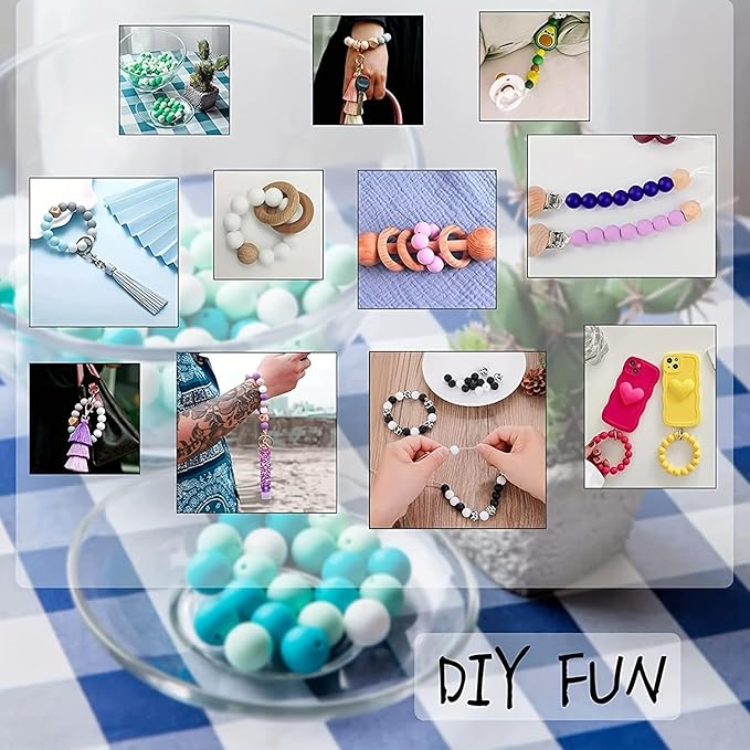 KnvsS 60pcs Silicone Beads Kit - Blue, Red, White - Round - Medium - Beads - Craft Bead - Keychain, Bracelet, Necklace - DIY Gift