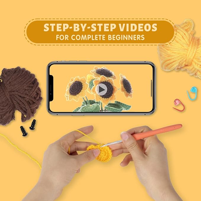 Sunflower Crochet Kit – Make a Large Blooming Plant Pot | Vibrant Home & Desk Decor | Beginner-Friendly DIY Gift with Video Tutorial | Happy Sunshine Craft