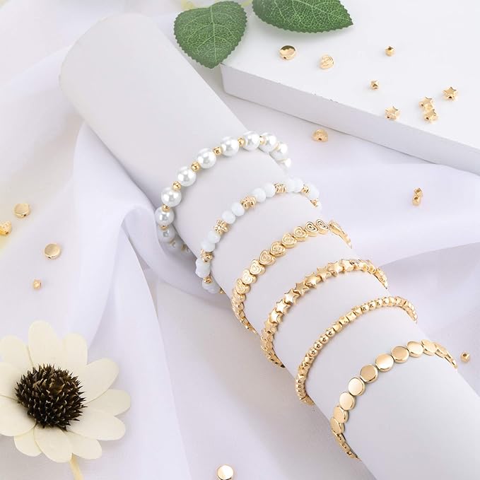 Hicarer 1200 Pieces Gold Spacer Beads Set Bead Bracelet Making Kit for Jewelry Making Assorted Star Round Flower Pony Beads for Friendship Bracelets DIY Crafts Gifts