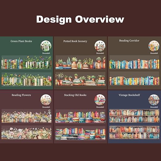 Book-Themed PET Tape Set, 6 Rolls of Library and Nature-Inspired Stickers for Scrapbooking, Journaling, DIY Crafts, and Gift Wrapping