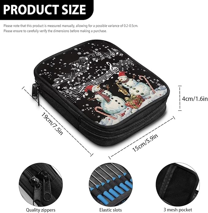 Hechitok Christmas Snowman Music Empty Crochet Hook Case Portable Travel Crochet Storage Bag Organizer Zipper Bags with Web Pocket and Crochet Holder Slots for Crochet Knitting Accessories