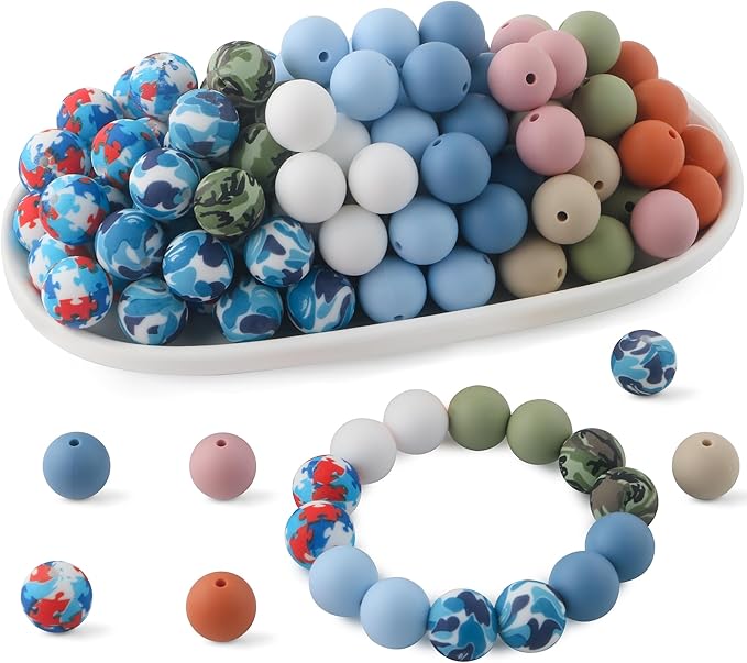 70Pcs Print Silicone Beads for Keychain Making,Round 15mm Silicone Beads for Pens, Necklace and Bracelets Making（Camouflage Print）