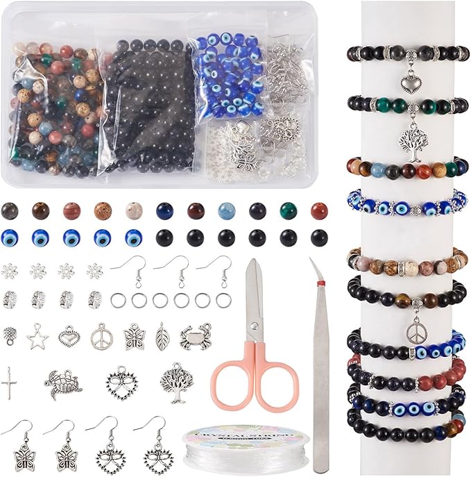 FASHEWELRY Evil Eye Bead Bracelet Earring Kit 8mm Crystal Stone Beads Round Natural Gemstone Planet Healing Chakra Energy Loose Spacer Beads for Women Handmade Jewelry