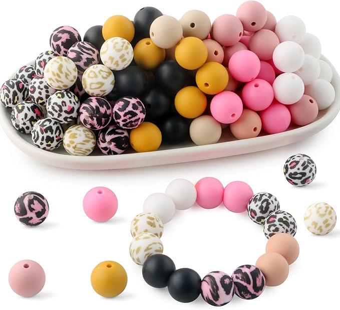 70Pcs Print Silicone Beads for Keychain Making,Round 15mm Silicone Beads for Pens, Necklace and Bracelets Making（Vibrant Leopard）