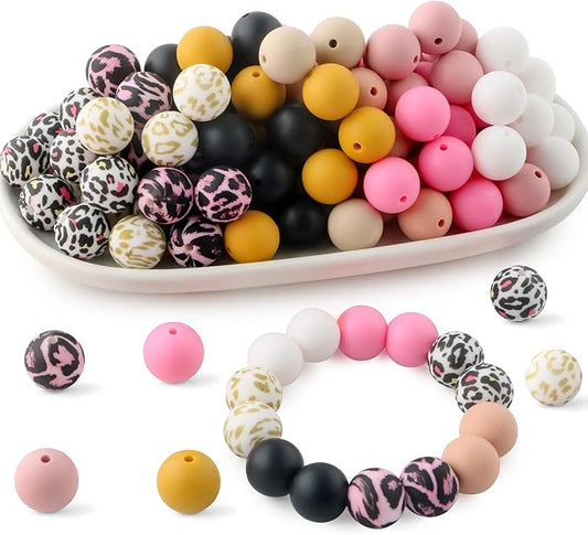 70Pcs Print Silicone Beads for Keychain Making,Round 15mm Silicone Beads for Pens, Necklace and Bracelets Making（Vibrant Leopard）