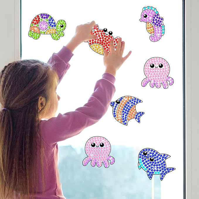 Qyeahkj 6pcs Summer Arts and Crafts Kits for Kids Sea Animal Under The Sea Craft Activities Suncatcher Kit Bulk for Girl Boy at 4-12 DIY Fun Diamond Painting Seahorse Easy Craft Ages 4 5 6 8 10 12