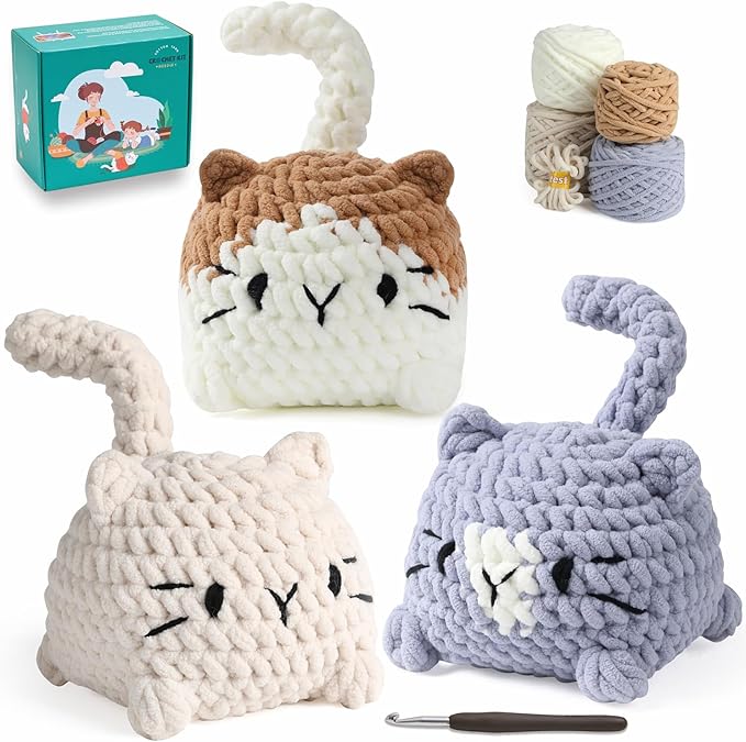 eelexa crochet kit for beginners, crochet animal kits for adults and kids, step-by-step video tutorials and easy peasy yarn, 3 cats