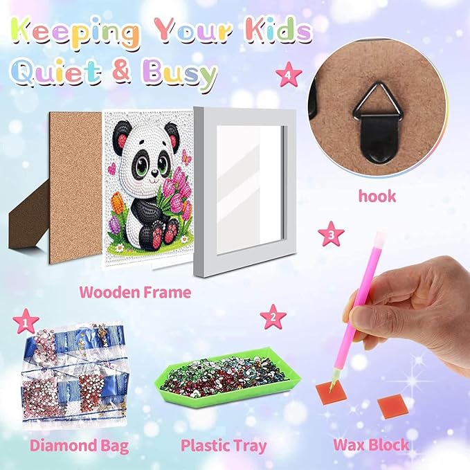 Dlylust Panda Diamond Art Kits for Kids with Frame, Gem Art for Kids Ages 4-8-12, Easy Diamond Painting Kit with Beautiful Package for Gift Home Wall Decor