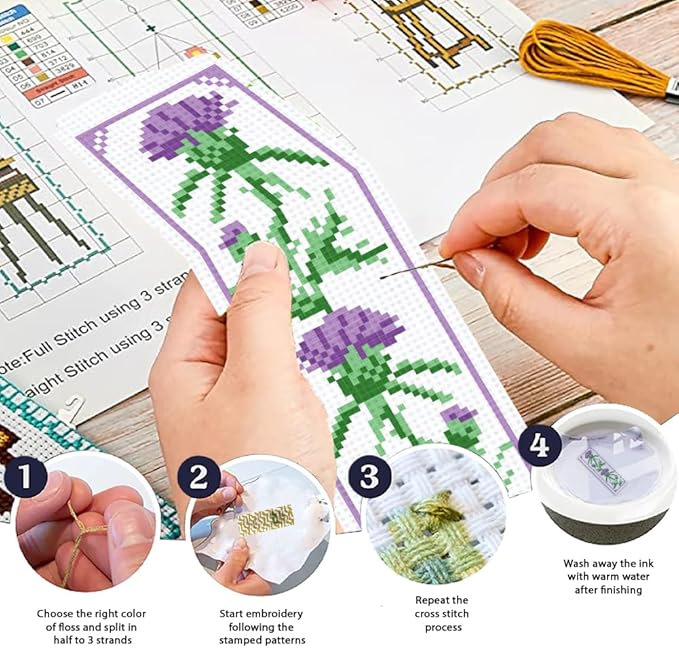 ORIGACH 6 Set Cirsium Cross Stitch Bookmark Kit for Beginners Include Cotton Thread, Aida Cloth, Backing Felt and English Instructions, Embroidery Bookmark Kit for Book Lovers
