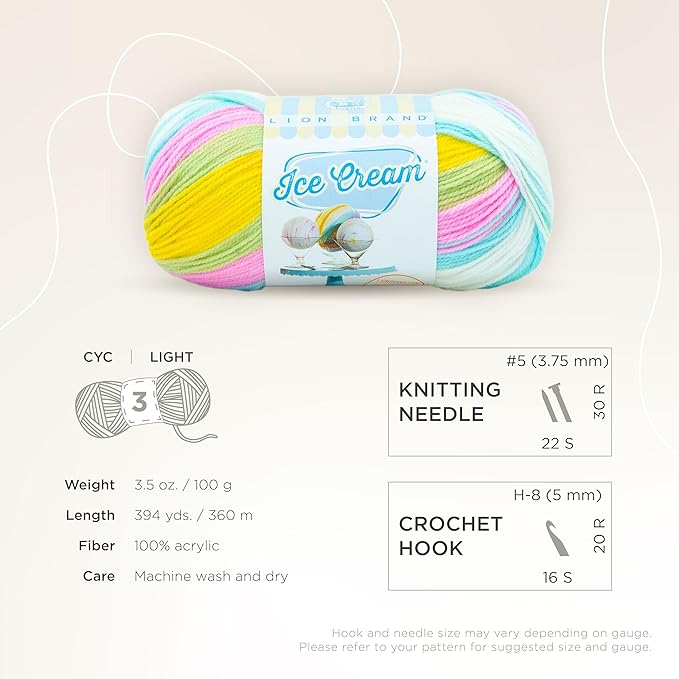Lion Brand Yarn, Ice Cream Baby Yarn for Knitting, Crochet, and Crafts, Bunny Tracks, 3 Pack, DK Weight Colorful Acrylic Fiber for Baby Blankets, Hats, and Sweaters