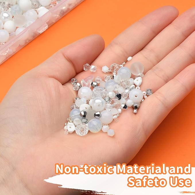 Rired 27 900pcs Snow White Beads for Jewelry Making, 12 Types Assorted Bead in One Box, Including Round/Glass Pony Beads/Rondelle/Rock/Bicone and Seed Bead