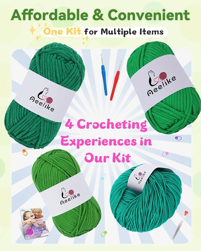 Aeelike Beginner Crochet Yarn Kit w 4 Different Materials Green Yarns (Polyester, Cotton, Acrylic, Milk Cotton,) & 2 Ergonomic Hooks (G&7), Ideal Starter Crochet Set for Beginners