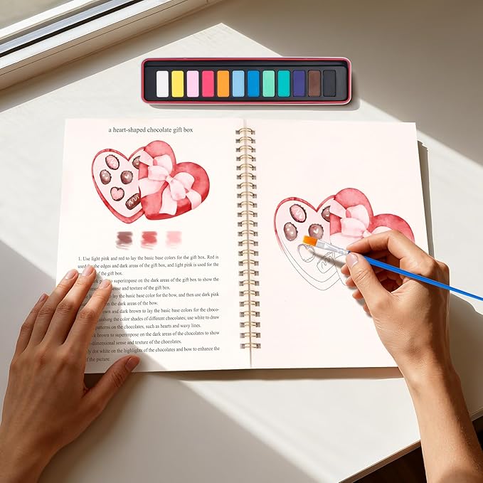 Valentine's Day Watercolor Workbook for Adults, Beginner Friendly Watercolor Painting Kit Pattern Water Coloring Book, Valentines Themed Practice Art Gift Water Color Paint Book with Palette Brush