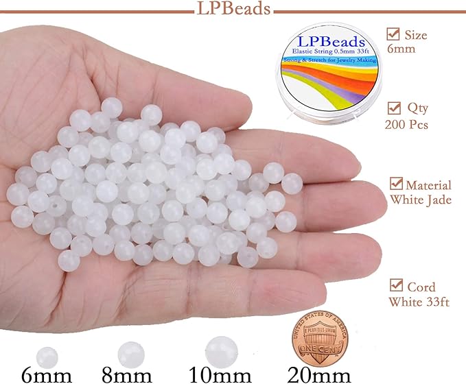 LPBeads 200Pcs Polished 6mm Round Natural White Jade Gemstone Loose Beads with Stretch Cord for Jewelry Making Bracelets