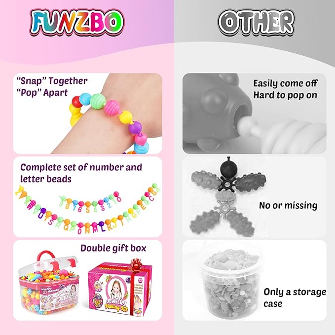 funzbo 650pcs pop beads - jewelry making kit for 3 4 5 6 7 8 year old little girls, arts and crafts toys for kids, necklace bracelet creativity snap set birthday gifts, valentines day gifts for kids
