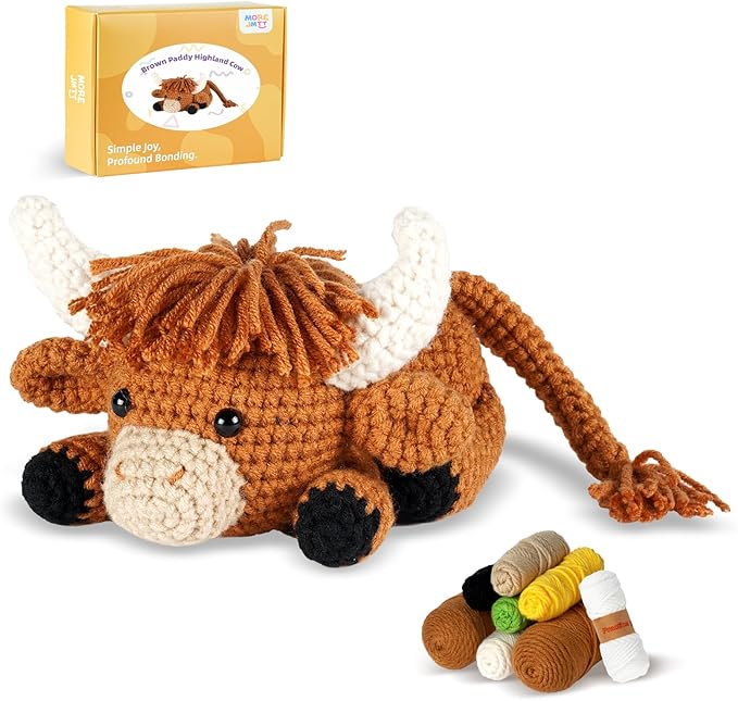 MOREJMTT Crochet kit for Beginners Adults, Learn to Crochet, Include Easy Knitting Soft Yarn, Step-by-Step Video Tutorial, Hook, Holiday Birthday Gift (Highland Cow)