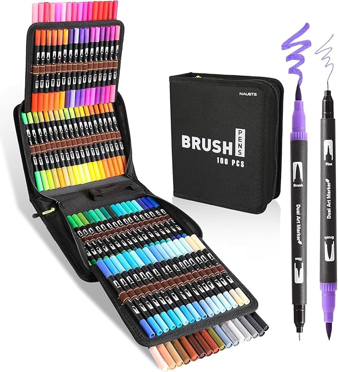 100 Colors Brush & Fine Dual Tip Watercolor Markers for Adult Coloring Books No Bleeding Professional Paint Pens For Drawing Note taking Planner Calligraphy Journaling Card Making Art Supplies