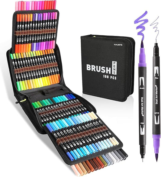 100 Colors Brush & Fine Dual Tip Watercolor Markers for Adult Coloring Books No Bleeding Professional Paint Pens For Drawing Note taking Planner Calligraphy Journaling Card Making Art Supplies