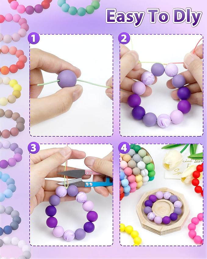 160pcs fiveizero 15mm silicone beads for keychain making - mixed color round rubber beads bulk, diy craft supplies for bracelets necklaces pens(purple)