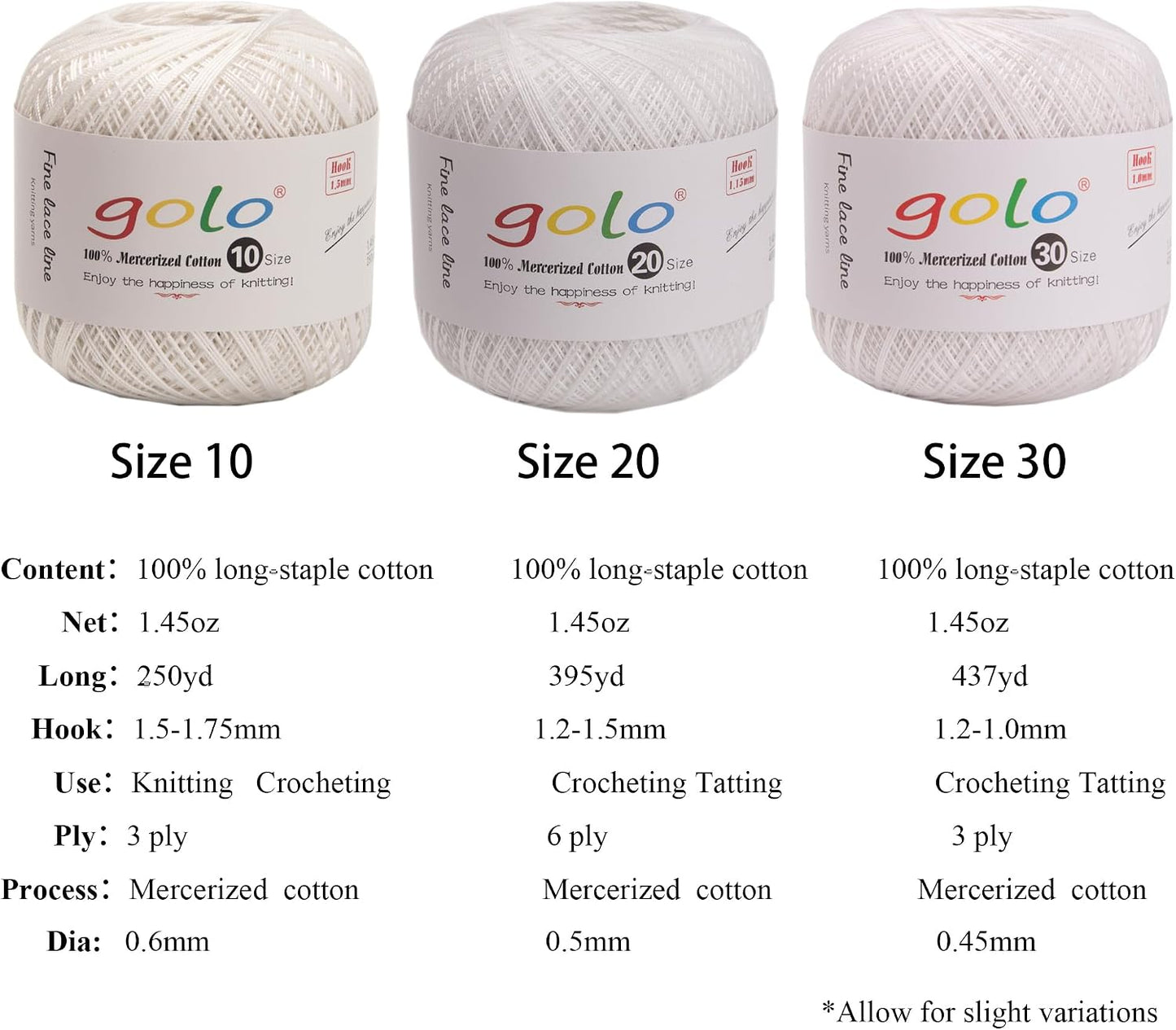 golo Crochet Thread Size 10 White Yarn for Hand Knitting White 801
