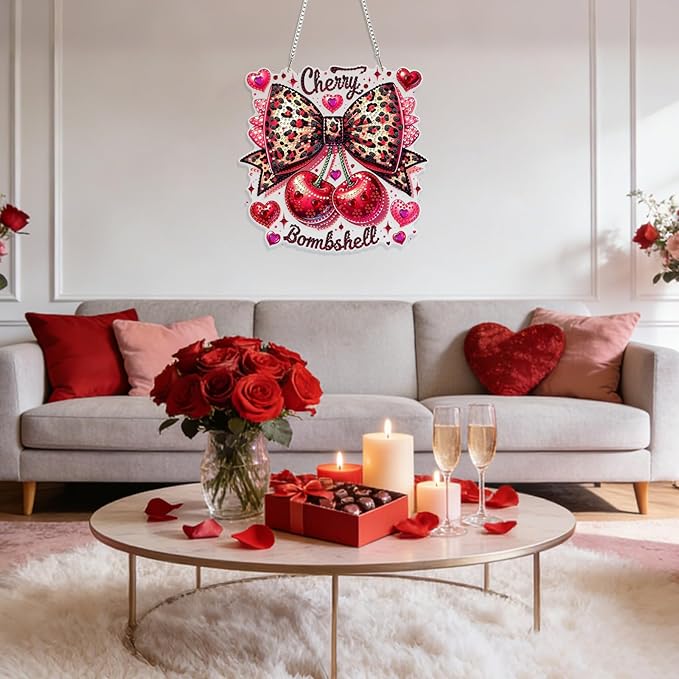 GHHKUD Cherry Bow Diamond Art Hanging Kit for Adults, DIY Double Sided Diamond Painting Hanging Valentines Kits Adults, Special Shaped Acrylic Ornaments Pendants for Window Home Garden Wall