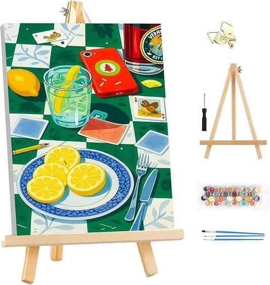 EOBROMD Framed Paint by Numbers Kits for Adults - Wooden Easel, Poker DIY Kits Crafts for Beginner on Stretched Canvas, 3 Brushes and Acrylic Paint for Home Decor 10x14 Inch
