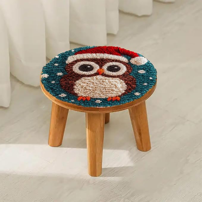 Latch Hook Rug Kit Cute Cartoon Owl Wear Christmas Hat Easy for Beginners Round Shape Carpet Crochet Yarn Craft Mini Rug DIY Hook and Latch Little Tapestry for Home Decor 30x30cm-1