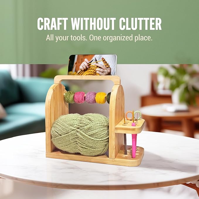 Yarn Holder for Crochet Accessories – Durable Bamboo Wood Knitting Accessories Yarn Storage Organizer with Built-in Phone Stand – Tangle-Free Dual Rods and Tool Holder – Works with Skein, Cake, Ball