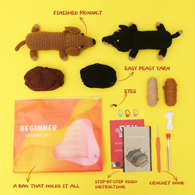 GONELYON Crochet Kit for Beginners - 2 PCS Crochet Dachshund Beginner Crochet Kit, with Step-by-Step Video Tutorials, Beginner Crochet Kit for Adults, Animal Craft Knitting Kit Crochet Gifts