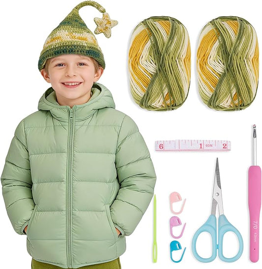 Alvian Witch Elf Hat Crochet Kit for Beginners Rainbow Crochet Beanie Kit Knitting Kit for Beginners Adults Handmade Winter Toque (Green)