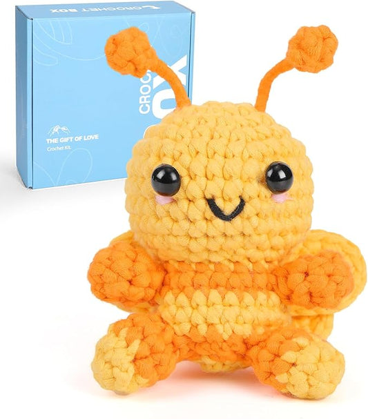 CrochetBox Crochet Kit for Beginner, Bee Easy Learn How to Crochet Stuffed Animals Gift for Adults and Teen(), Knitting Set with Yarn Hook Stitch-by-Stitch Video Tutorial(30%+ Yarn)