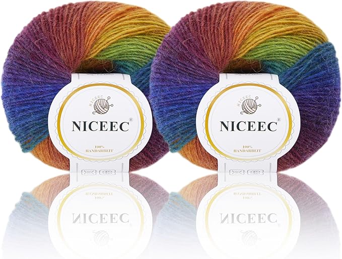 NICEEC 2 Skeins Rainbow Soft Yarn 100% Wool Gradient Multi Color Yarn for Crocheting Knit Total Length 180m×2(196yds×2,50g×2)-1#
