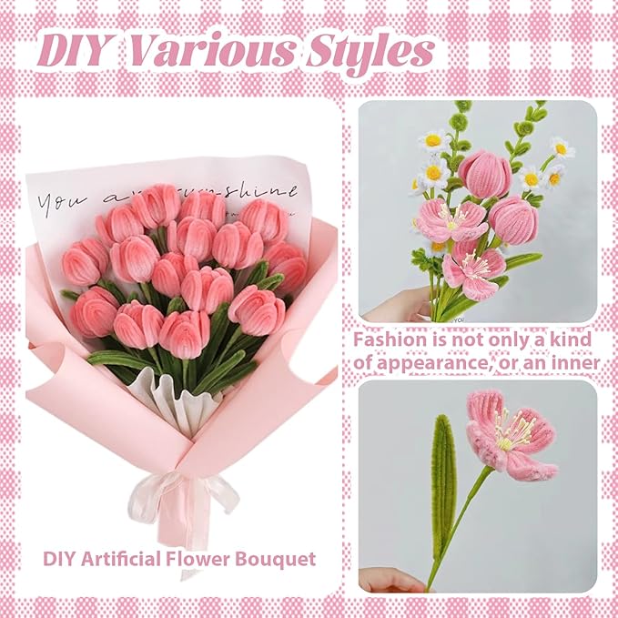 300 Pcs Pink and Green Thick Pipe Cleaners Craft Supplies for Floral Bonquet DIY Flower Making Kit for Starter with Floral Wires, Gardening Tape,Stamen Gift Wrapping Party Decor