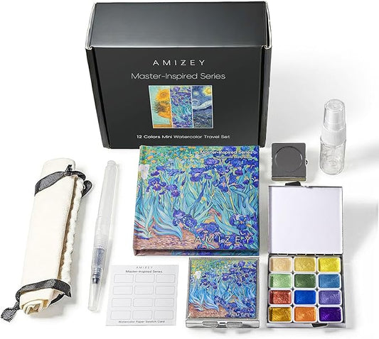 mini watercolor travel set, 12 Color Watercolor Paint Set (Pearl Shimmer) in Metal Tin with 300gsm Sketchbook, Portable Art Kit for Travel & Beginners（Inspired by Irises）