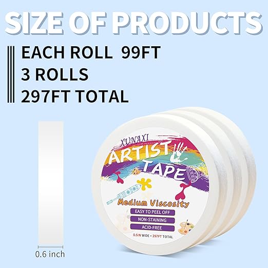 3 Packs Artist Tape Medium Tack White Art Tape for Watercolor Paper Drafting Art Painting Canvas Framing Acid Free Masking Tape- 0.5IN Wide 297FT Long Total