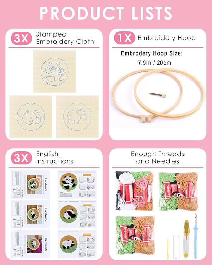 TINDTOP 3 Sets Punch Needle Kits, Panda Punch Embroidery Kits for Adults Beginner, Tool with Punch Needle Fabric, Hoops, Yarns and Sewing Needles