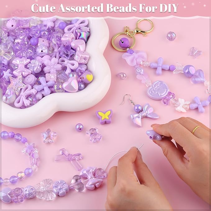 200-260pcs tinkrstuff assorted acrylic beads purple cute beads for bracelet making,bow aesthetic gummybear flower candy butterfly kawaii charms for jewelry making diy necklace keychain phone charm