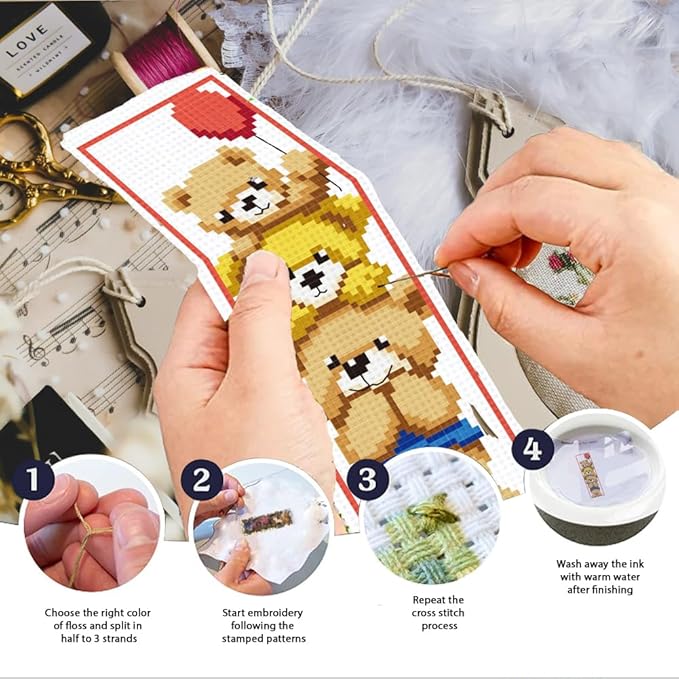 INFUNLY 6PCS Brown Bear DIY Cross Stitch Bookmark Kits 8.5"×2.9" Cute Bear Stamped Embroidery Kits with Instructions Balloons Gift Box Needlepoint Bookmark Kits for Book Lovers Readers Writers