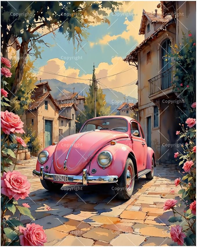 Vintage Car Paint by Numbers Kit for Adults – DIY Pink Retro Car in Street with Roses Painting on Canvas 16x20 Inches, Acrylic Paint Set, Suitable for Beginners, Art for Home Decoration or Gifts